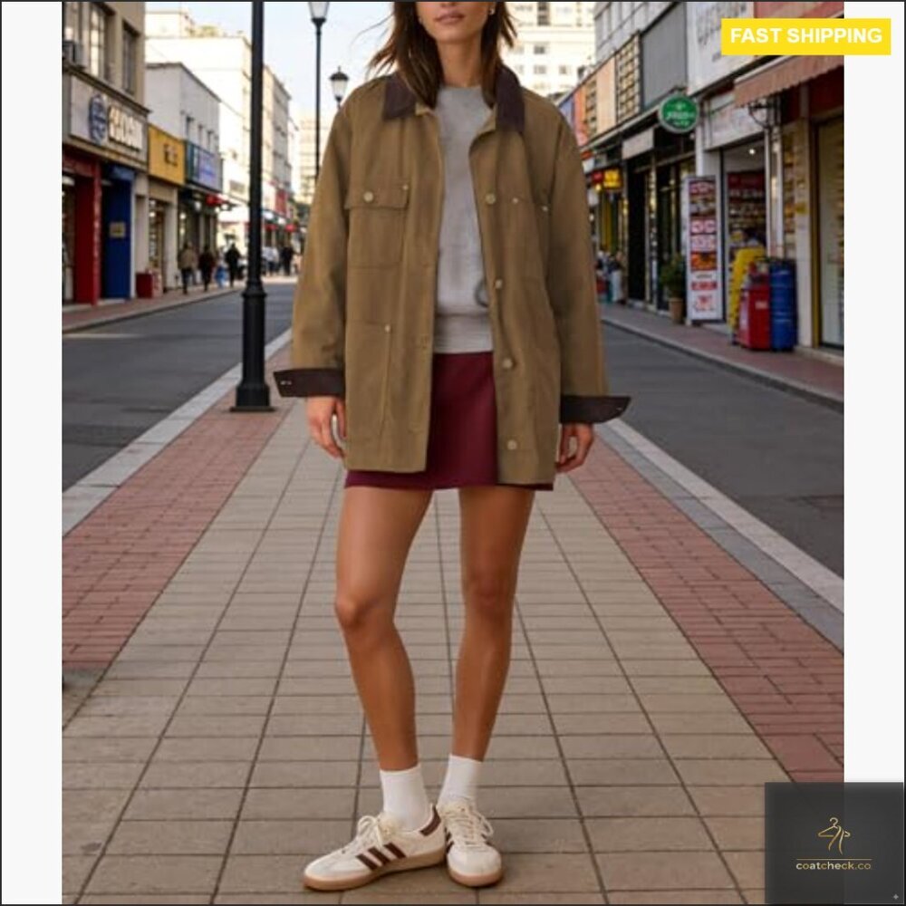 Oversized Utility Barn Jacket with Corduroy Collar and Pockets - Picture 5 of 7